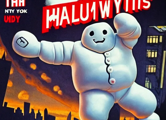 Prompt: Th Stay Puft Marshmallow Man attacks New York, ultra realistic, cinematic