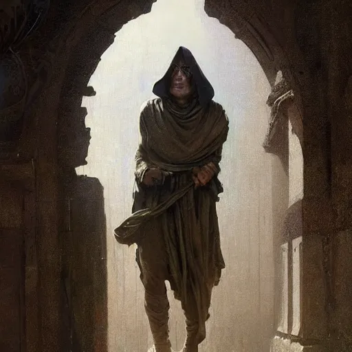 Image similar to half portait of jedi wearing a closed cowl and big old book! chained to the wrist, jeremy mann, jean - leon gerome, tiepolo, alphonse mucha, greg rutkowski, face in the shadows, ( ( ruins of ancient rome ) ), at dusk, mysterious atmosphere, sunrays, dof, high detailed, 8 k