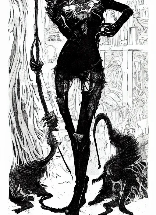 Prompt: a vampire sabertoothed-catgirl with hair and clothes made of living tar, femme fatale, hollywood starlet, villainess as a D&D monster, full body, pen-and-ink illustration, etching, by Russ Nicholson, DAvid A Trampier, larry elmore, 1981, HQ scan, intricate details, Monster Manula, Fiend Folio