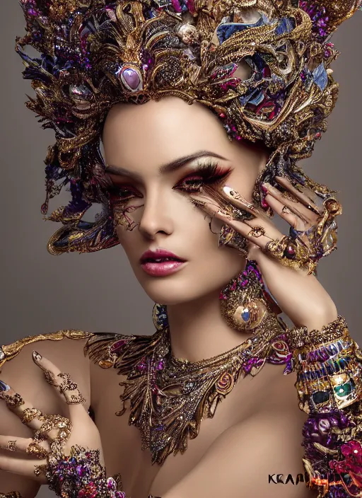 Image similar to expressive full body photo of a miss universe, ornate headpiece made from flowers, ornaments, glamour shot, by karol bak, by stefan gesell, photorealistic, canon r 3, fashion photography, hyper maximalist, elegant, ornate, luxury, elite, environmental portrait, symmetrical features, octane render, unreal engine, solid dark grey background, dramatic lights