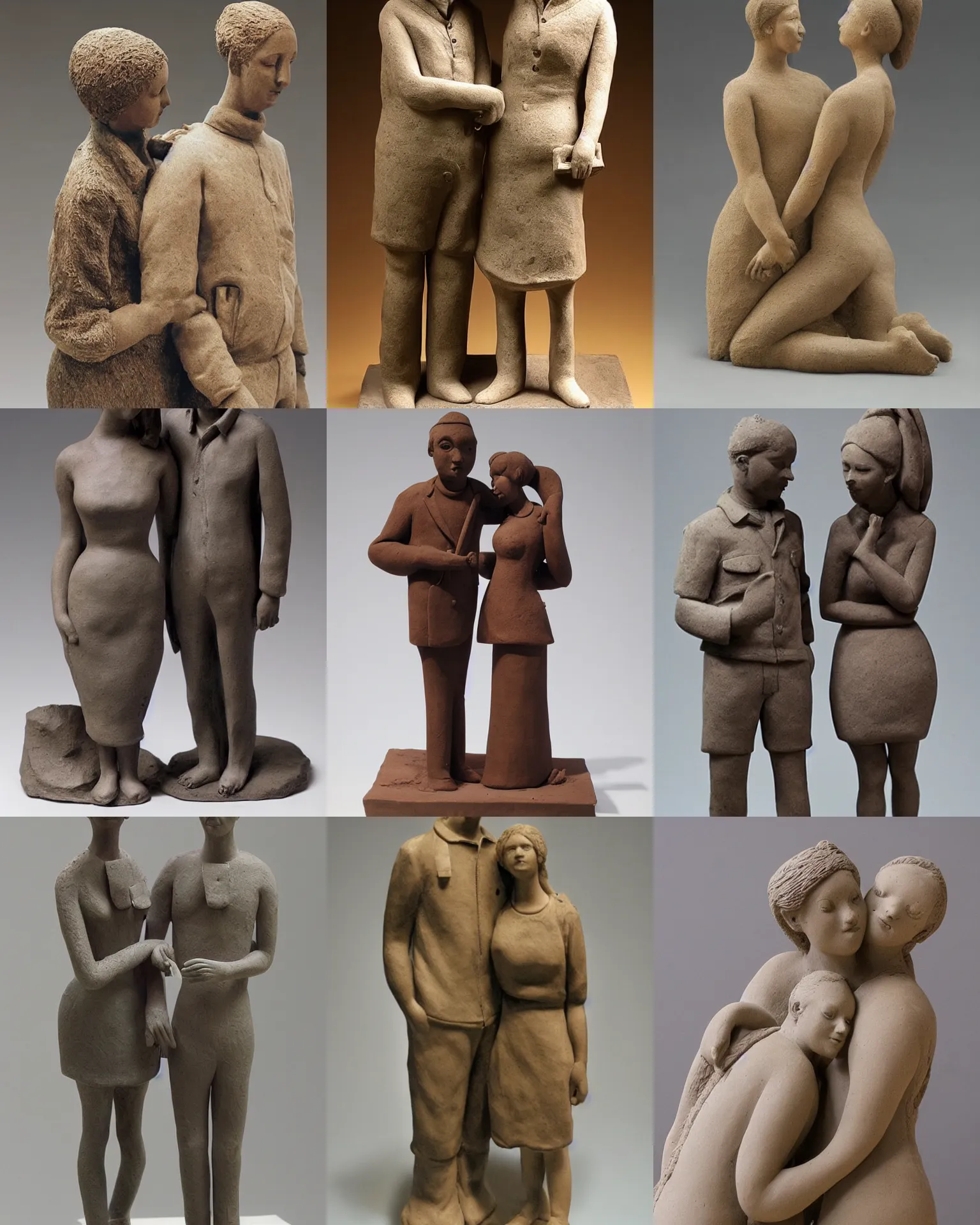 Prompt: sculpture of a couple, clay, beautiful!!!! museum photo