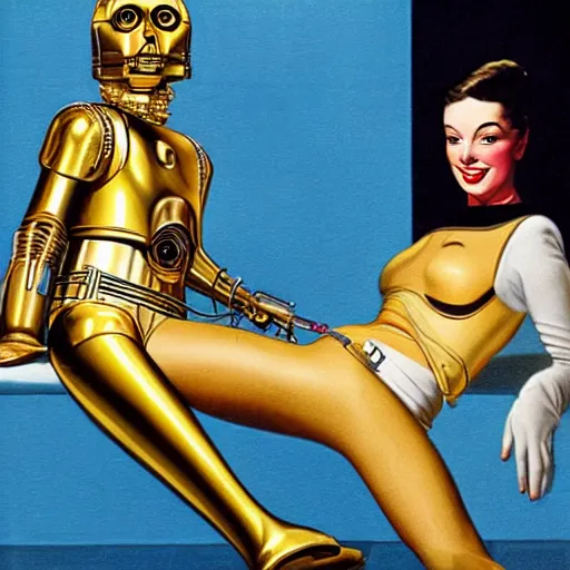 Image similar to a reclining c3po with a smiling female human face by Gil Elvgren, holding a smoking ray-gun, full body