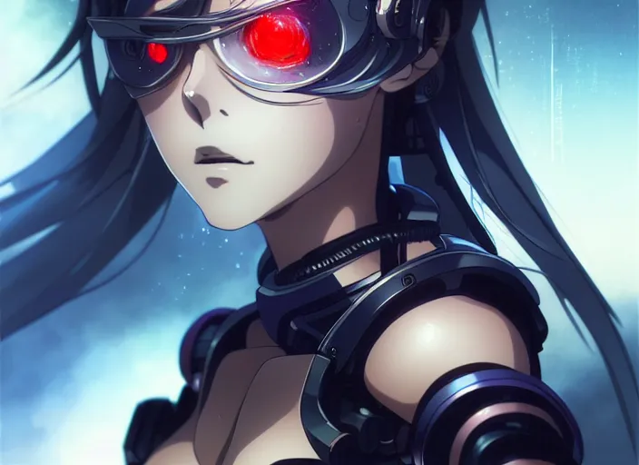 Image similar to a anime portrait of a cyborg woman!! finely detailed features, closeup at the face, sharp focus, perfect art, night - time city background, cinematic lighting, highly detailed, intricate, anime!! artstation, trending on pixiv fanbox, painted by greg rutkowski, studio ghibli, yoji shinkawa, hayao miyazaki,