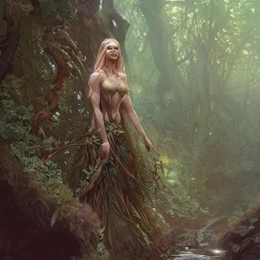Image similar to A Dryad woman living in an Elven forest, athletic , gorgeous, beautiful, intricate, highly detailed, digital painting, artstation, concept art, sharp focus, illustration, art by greg rutkowski and alphonse mucha