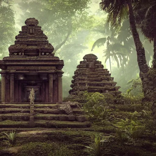 Image similar to The Lost Temple: An ancient temple that has been lost in the jungle for centuries. It's said to be guarded by a vicious tribe of savages. octane render, 8k