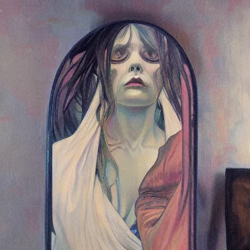 Image similar to A ghostly woman crawling out of a mirror, horror, oil on canvas, in the style of Range Murata and Alphonse Mucha