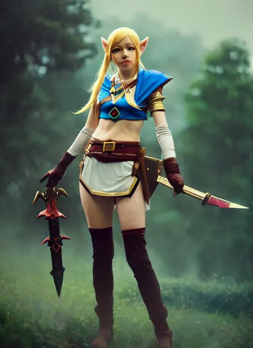 Image similar to female cosplayer wearing zelda cosplay. art by greg rutkowski, art by pascal blanche. crisp quality. digital photography. trending in deviantart.