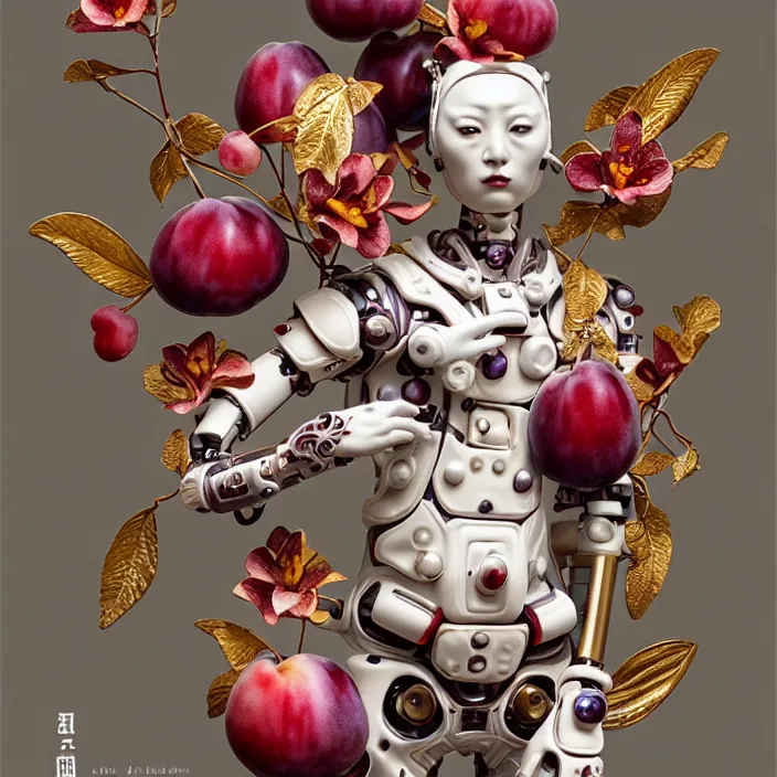 Prompt: ceramic cyborg, Kakiemon design with plums and stylized flowers in glaze and gilding, diffuse lighting, fantasy, intricate, elegant, highly detailed, lifelike, photorealistic, digital painting, artstation, illustration, concept art, smooth, sharp focus, art by John Collier and Albert Aublet and Krenz Cushart and Artem Demura and Alphonse Mucha