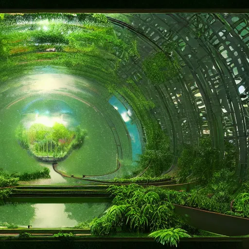 Prompt: a post - singularity solarpunk harmonic green lush overgrown forest world in which the ai ’ s highest goals is to induce the utmost state of happiness to its people by creating and playing music