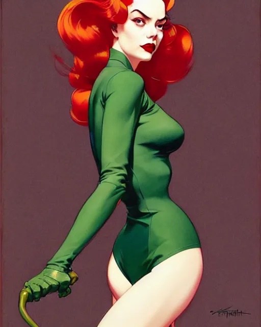 Prompt: joshua middleton, phil noto, norman rockwell, artgerm, 1 9 5 0 s rockabilly emma stone poison ivy dc comics, vines, symmetrical eyes, city rooftop