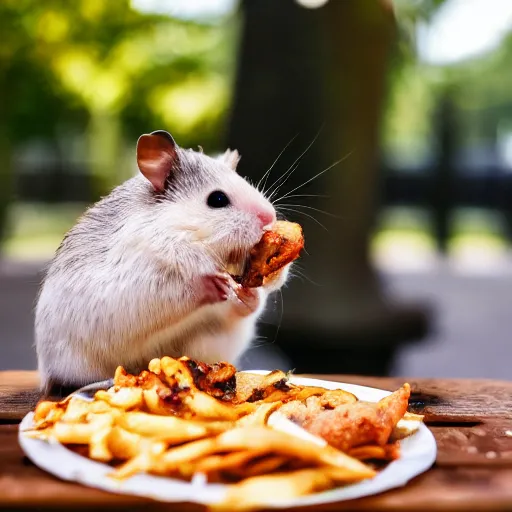 Prompt: detailed photo of a hamster eating a kebab, outdoors, various poses, full body, daylight, 8 k