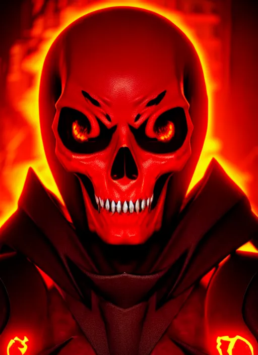 Image similar to character portrait of spawn hero, hellpunk, crimson energy radiating everywhere, hellish skull inferno in background, 8 k unreal engine render, photorealistic, rule of thirds, cinematic