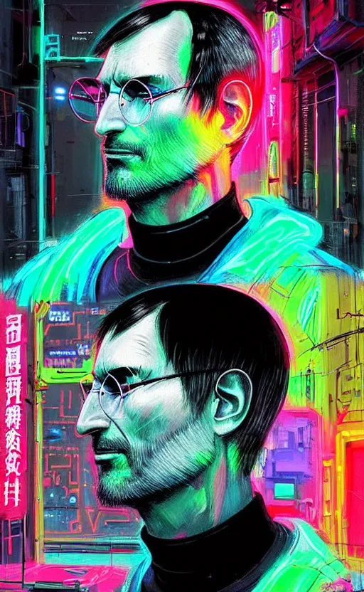 Prompt: detailed profile of Steve Jobs portrait Neon Operator, cyberpunk futuristic neon, reflective puffy coat, decorated with traditional Japanese ornaments by Ismail inceoglu dragan bibin hans thoma !dream detailed portrait Neon Operator Girl, cyberpunk futuristic neon, reflective puffy coat, decorated with traditional Japanese ornaments by Ismail inceoglu dragan bibin hans thoma greg rutkowski Alexandros Pyromallis Nekro Rene Maritte Illustrated, Perfect face, fine details, realistic shaded, fine-face, pretty face