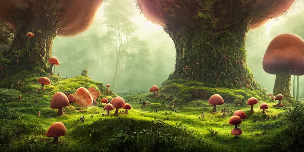 Prompt: Artwork by Filip Hodas of the cinematic view of the Forest of the Giants, a troll is eating a giant mushroom.