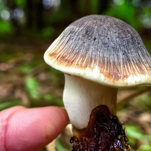 Image similar to real iphone photo of a carnivore mushroom with teeth, few insects corpses next to it