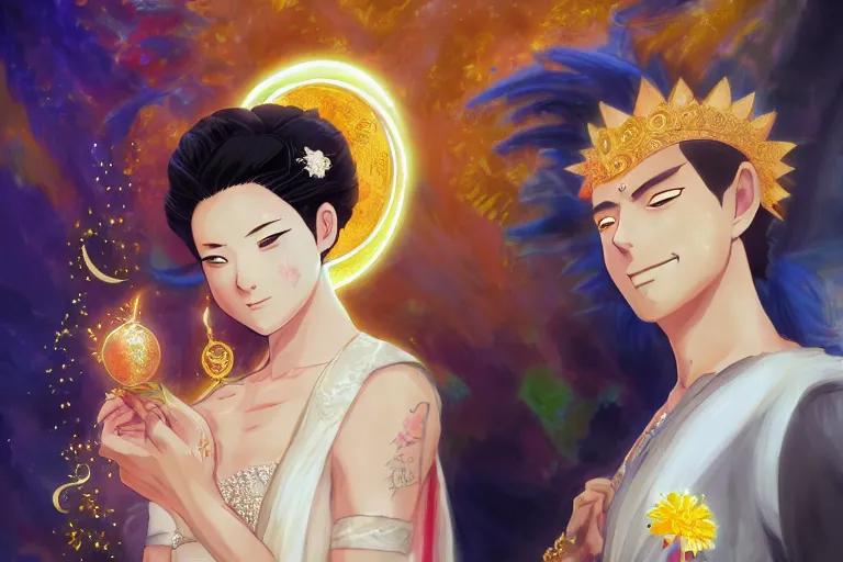 Image similar to a cinematic portrait of wedding photograph jpeg close up moment of a divine a japan sun god and moon goddess lovers magician at a wedding banquet. portraiture. digital painting. artstation. concept art. wedding photo. digital painting. naruto the movie art masterpiece by art by krenz cushart