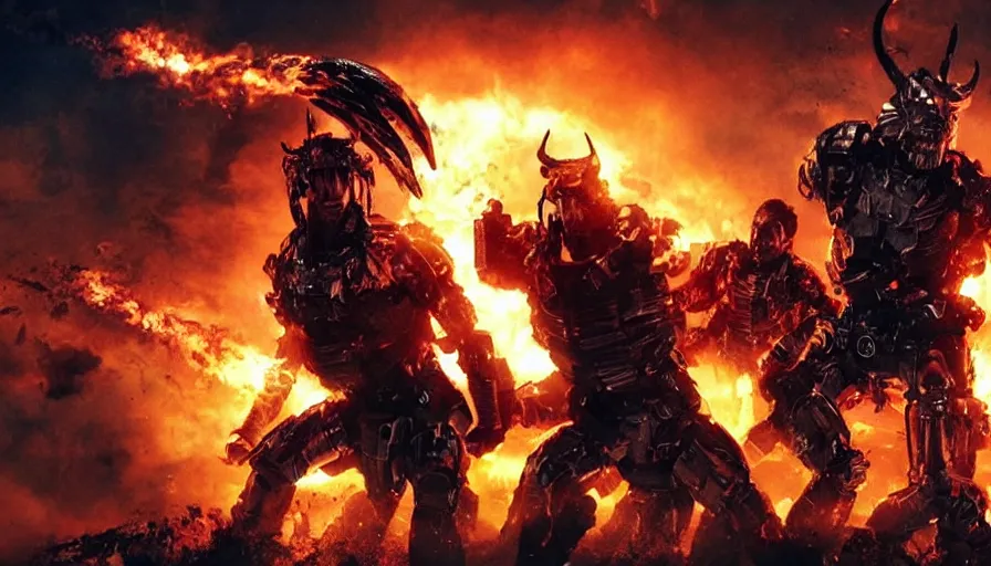 Image similar to big budget action movie about demonic battle cyborgs destroying a city