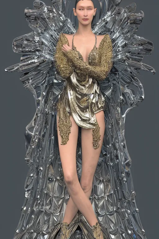 Image similar to a highly detailed 8 k render of a beautiful angel alien goddess bella hadid in iris van herpen dress schiaparelli in diamonds in style of alphonse mucha trending on artstation made in unreal engine 4