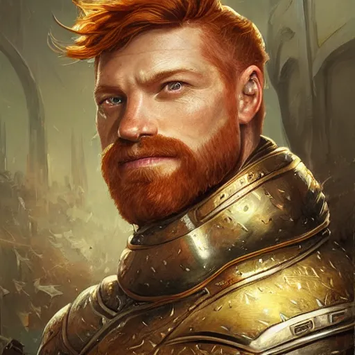 Prompt: renaissance green eyed ginger, middle aged, balding, king, riccardo scamarcio, art by artgerm and greg rutkowski and magali villeneuve, intricate renaissance armor, portrait, highly detailed, digital painting, trending on artstation, concept art, sharp focus, illustration