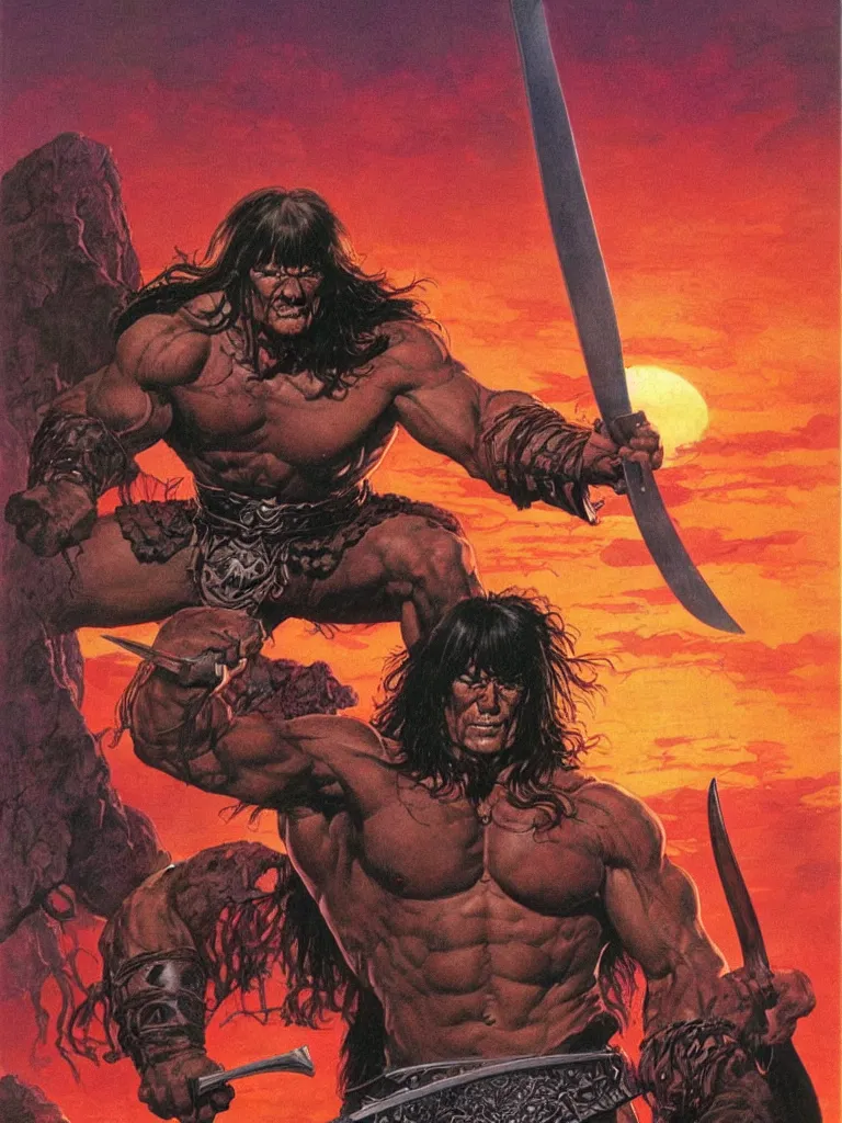 Prompt: a comic book cover color illustration of Conan the Barbarian wielding a sword during a sunset art by Dale Keown, Boris Vallejo, Frank Frazetta, Moebius