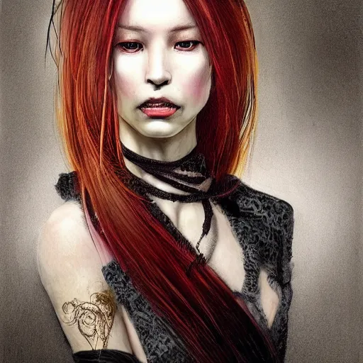 Image similar to portrait of a Shibari rope wrapped face and neck, headshot, insanely nice professional hair style, dramatic hair color, digital painting, of a old 13th century, traveler, amber jewels, baroque, ornate clothing, scifi, realistic, hyperdetailed, chiaroscuro, concept art, art by Franz Hals and Jon Foster and Ayami Kojima and Amano and Karol Bak,