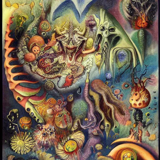 Prompt: whimsical monsters repressed in the depths of the unconcscious, surreal oil painting by Ronny Khalil and Kandinsky, drawn by Ernst Haeckel, as an offering to Zeus