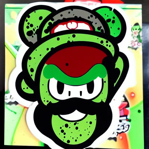 Image similar to die cut sticker, yoshi wearing mario's mustache, splatter paint