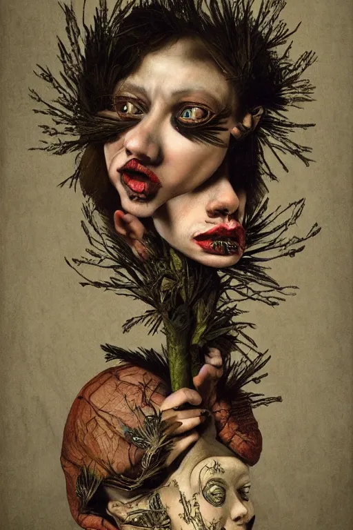 Image similar to Detailed maximalist portrait with large lips and with large eyes, sad exasperated expression, extra hands, HD mixed media, 3D collage, highly detailed and intricate illustration in the style of Caravaggio, dark art, baroque