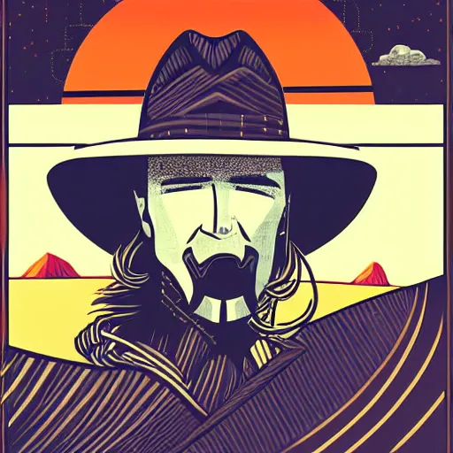 Prompt: digital illustration cowboy on the range, beautiful New Mexico landscape, Art Deco, dark deco, animated series, by Eric Radomski
