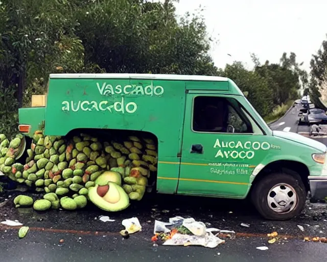 Prompt: picture of an overturned avocado truck, tons of avocados on the road that people are walking and picking up