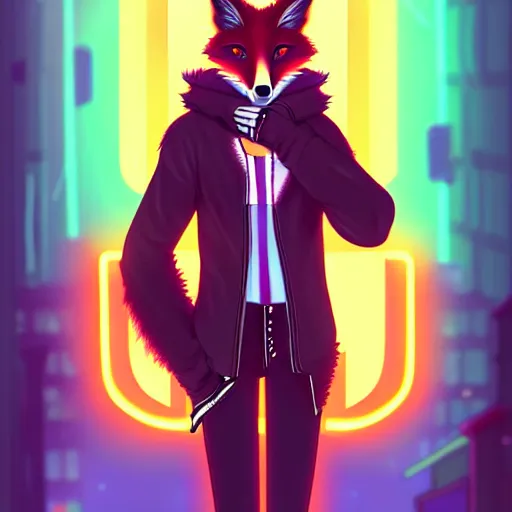 Prompt: beautiful furry digital art portrait commission of an androgynous furry anthro fox fursona wearing punk clothes in the streets of a cyberpunk city. neon signs. character design by charlie bowater, ross tran, artgerm, and makoto shinkai