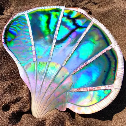 Image similar to beach chair made of large iridescent abalone shell, nacre, driftwood, sunny 35 mm product photo