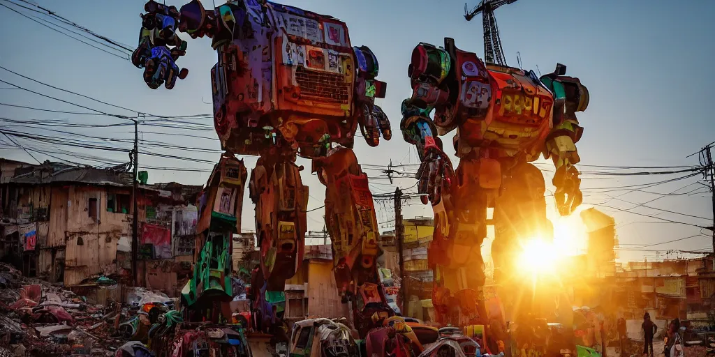 Image similar to colourful - damaged - giant mecha ROBOT of AJEGUNLE SLUMS (neon lit) of Lagos, markings on robot, Golden Hour,