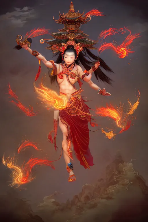 Image similar to nezha flies around swiftly on his wind flame circles in ruin chinese city, masterpiece, chinese mythology, top view, cinematic, fantasy character portrait, highly detailed, by new gods : nezha reborn, nezha : birth of the demon child, ne zha from smite, trending on artstation, concept art, flame everywhere,