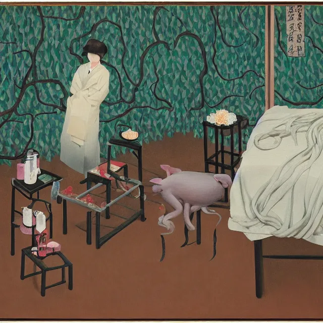 Image similar to a female pathology student in her apartment, wrapped in vines, medical equipment, candles, octopus, japanese tea ceremony, pig, black walls, ikebana, black armchair, sculpture, acrylic on canvas, surrealist, by magritte and monet