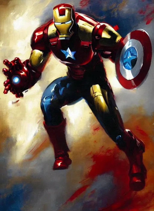 Prompt: iron man fighting captain america painting by phil hale, francisco goya,'action lines '!!!, graphic style, visible brushstrokes, motion blur, blurry, hd image