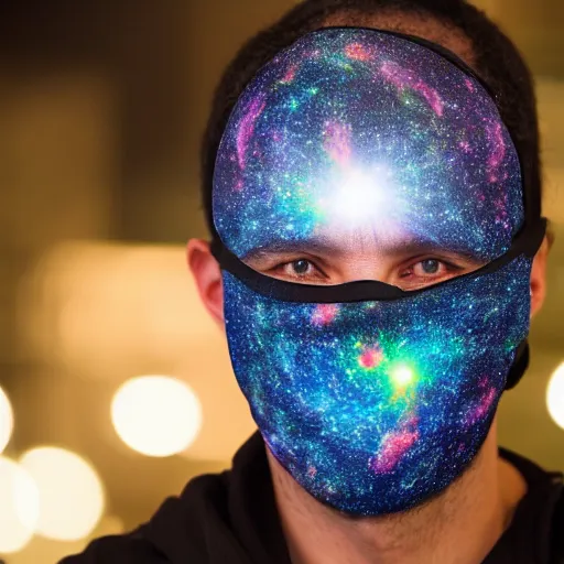 Prompt: an 8 k hi res photo of a man in a mirror full face mask paints a galaxy on a busy ny street