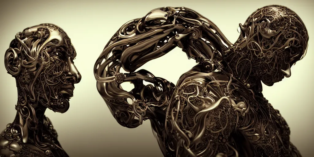 Prompt: hyper realistic photography of a stunningly beautiful cyborg male, elbow, plated, thy, intimate, holding close, in the style of beth cavener, jin kagetsu,, and wlop, highly detailed, intricate filigree,, masterpiece, award winning, sharp focus, concept art, ringflash lighting, ambient lighting, octane render, 8 k, artstation