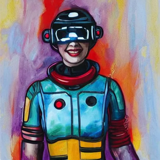 Image similar to A woman is happy because she is wearing a sci-fi suit designed for extreme comfort. Painting.