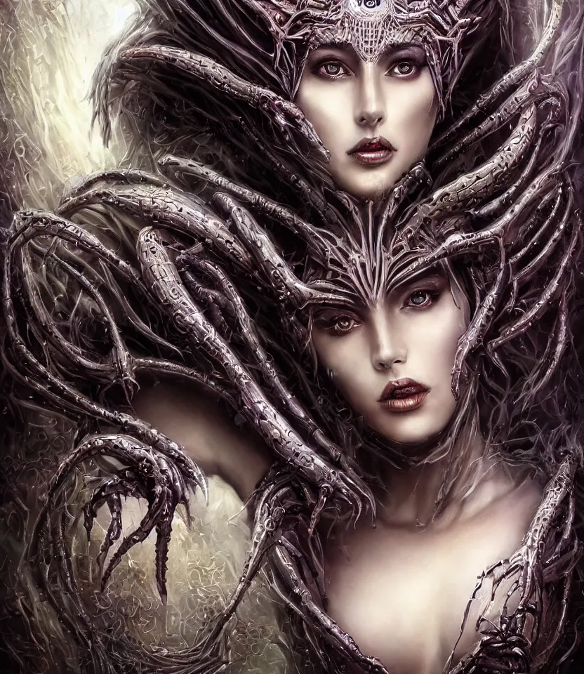 Image similar to close up portrait on the enchanting femenine queen of the zerg, hyper attractive, seductive, very complex, hyper-maximalist, overdetailed, legendary cinematic, darkfantasy, archetype with timeless beauty breathtaking eyes, her spider like legs spread evenly around her framing the image, collossal alien ship in the sky behind her, highly intricate, digital art, very elegant, HDR 8K, biblical art, realism, incomprehensible yet perspicious detail, unbeatable quality, silent hill aesthetic, photorealistic, lifelike, DSLR 8k, unbeatable coherency, Omnious intricate, octane render, created Nixeu & z--ed from deviantart