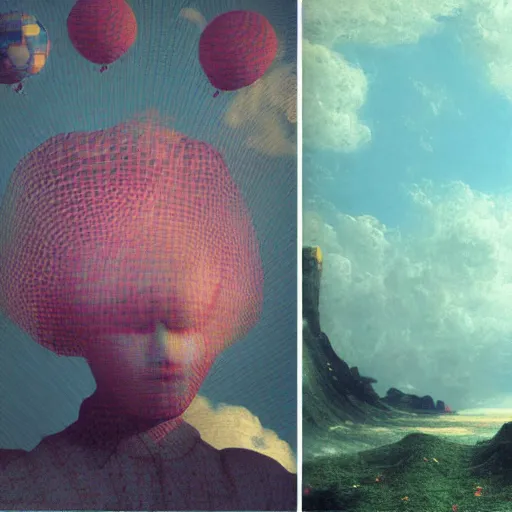Prompt: scifi, liminal spaces, party balloons, checkered pattern, David Friedrich, award winning masterpiece with incredible details, Zhang Kechun, a surreal vaporwave vaporwave vaporwave vaporwave vaporwave painting by Thomas Cole of an old pink mannequin head with flowers growing out, sinking underwater, highly detailed