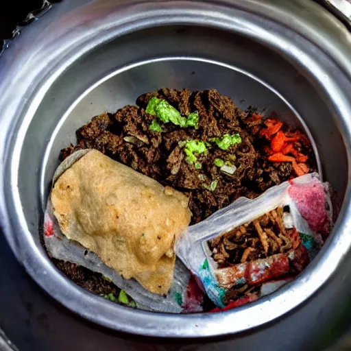 Prompt: the most disgusting tacos in the world served in a trashcan lid with worms, dirt, filth.