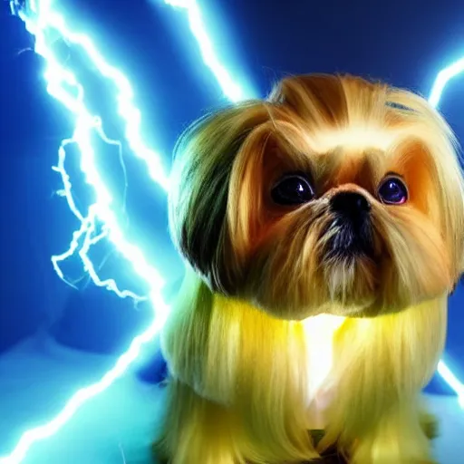 Image similar to Super Saiyan Shih Tzu, Gold Hair, Glowing, Lightning Arcs, Crackling, Blue, Blonde, Glowing, Dog