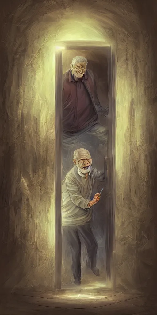 Prompt: old man going through a door to another dimension, fantasy, 4 k, digital art,