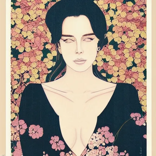 Prompt: “ lana del rey portrait by ikenaga yasunari and ayana otake and ko rakusui, 6 0 s poster, drawing, realistic, sharp focus, japanese, dreamy, nostalgia, faded, golden hues, floral clothes ”