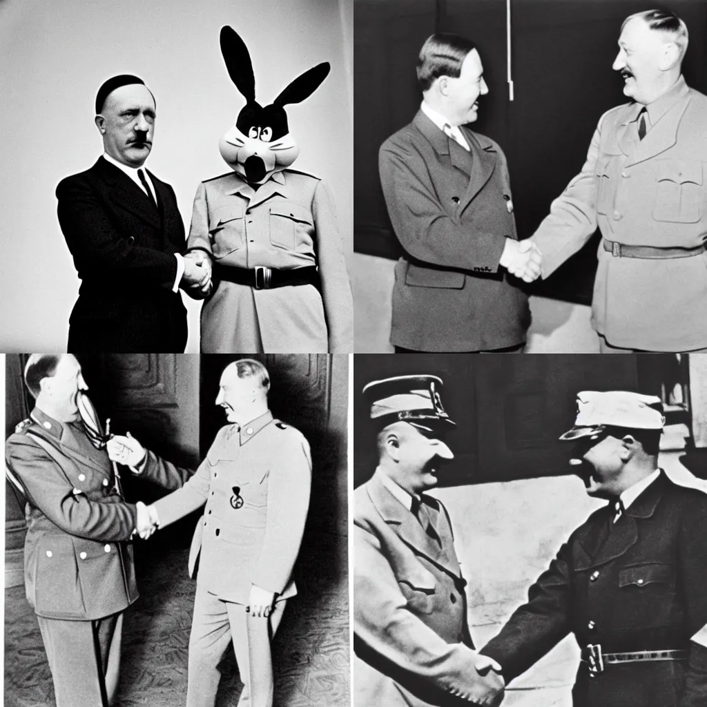 Prompt: Hitler and Bugs Bunny shaking hands, black and white, archive photography