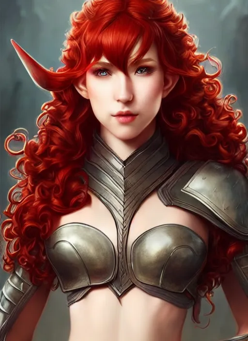 Image similar to leather armor!!! beautiful and elegant curly red hair female elf!! gorgeous ayes!! character concept art, sharp focus, octane render! unreal engine 5! highly rendered!! trending on artstation!! detailed linework!! illustration by artgerm, wlop, and chie yoshii