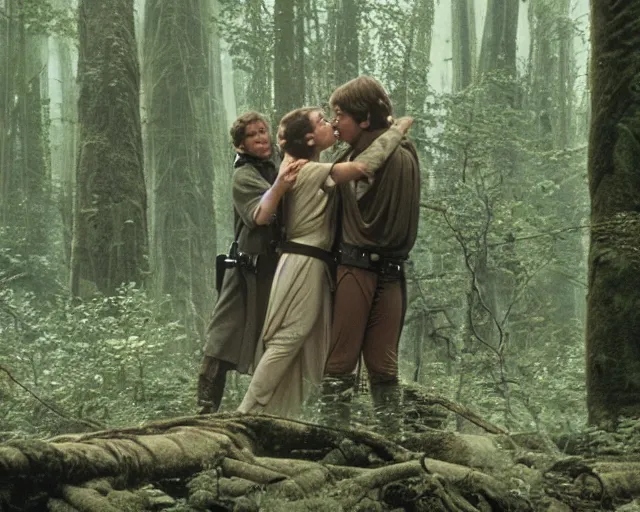 Image similar to luke skywalker, princess leia and han solo hugging and kissing in the forest of endor at the end of return of the jedi