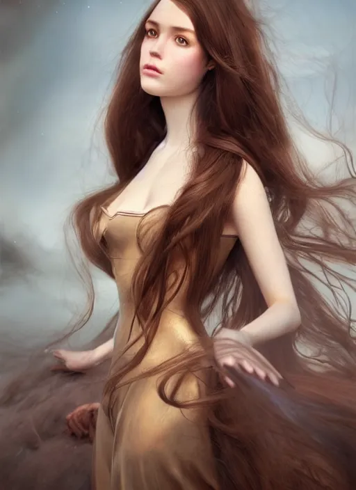 Image similar to a gorgeous female with long brown hair, photo by tim walker, realistic, full body shot, wide angle, sharp focus, 8 k high definition, insanely detailed, intricate, elegant, art by stanley lau and artgerm, floating embers