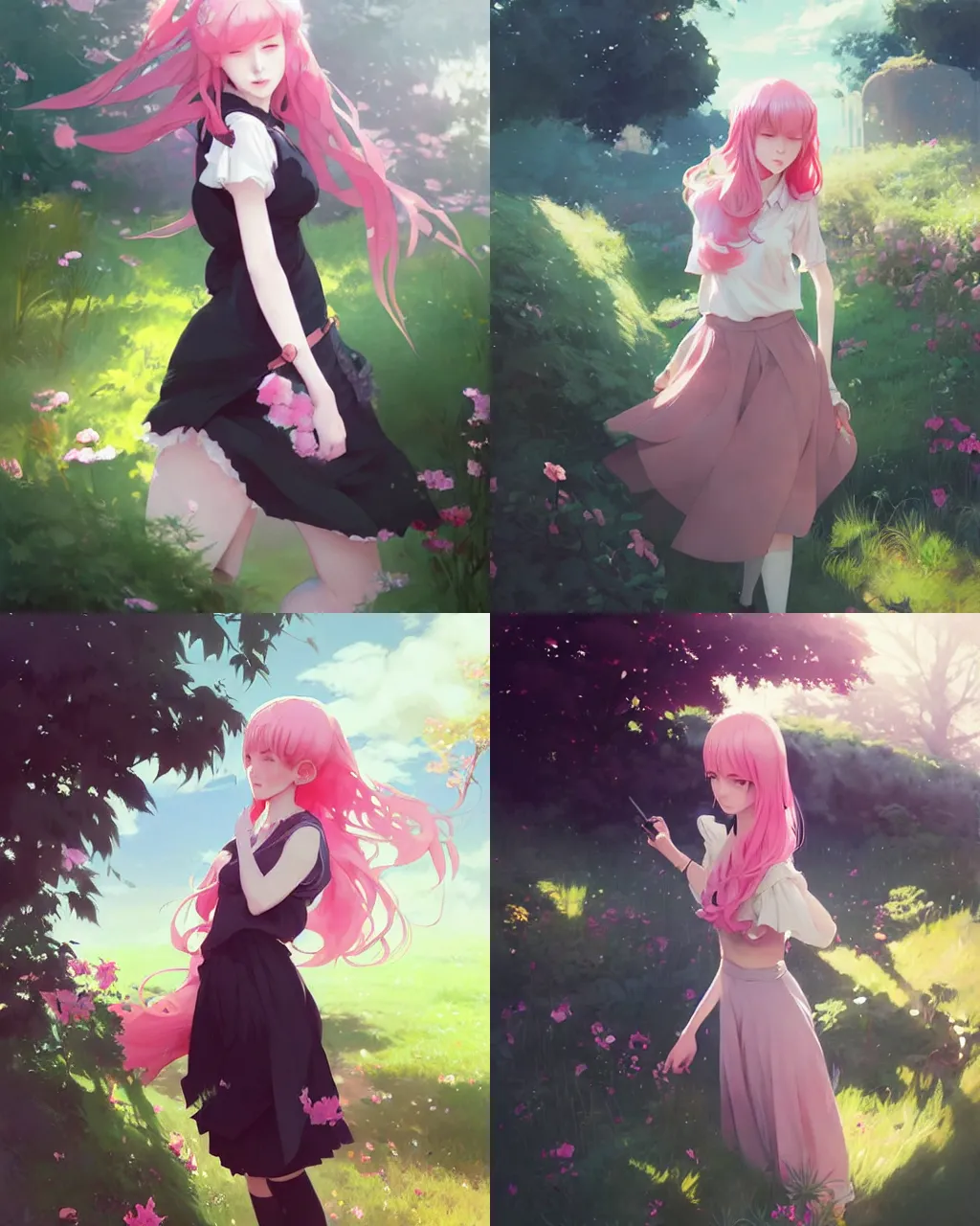 Prompt: a girl with pink hair and black skirt in the garden, a beautiful half body illustration, top lighting, perfect shadow, soft painting, reduce saturation, leaning towards watercolor, art by hidari and krenz cushart and wenjun lin